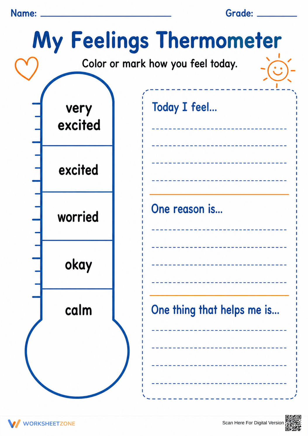 Grade 2 Feelings Thermometer — Printable No-Prep Worksheet - Page 1