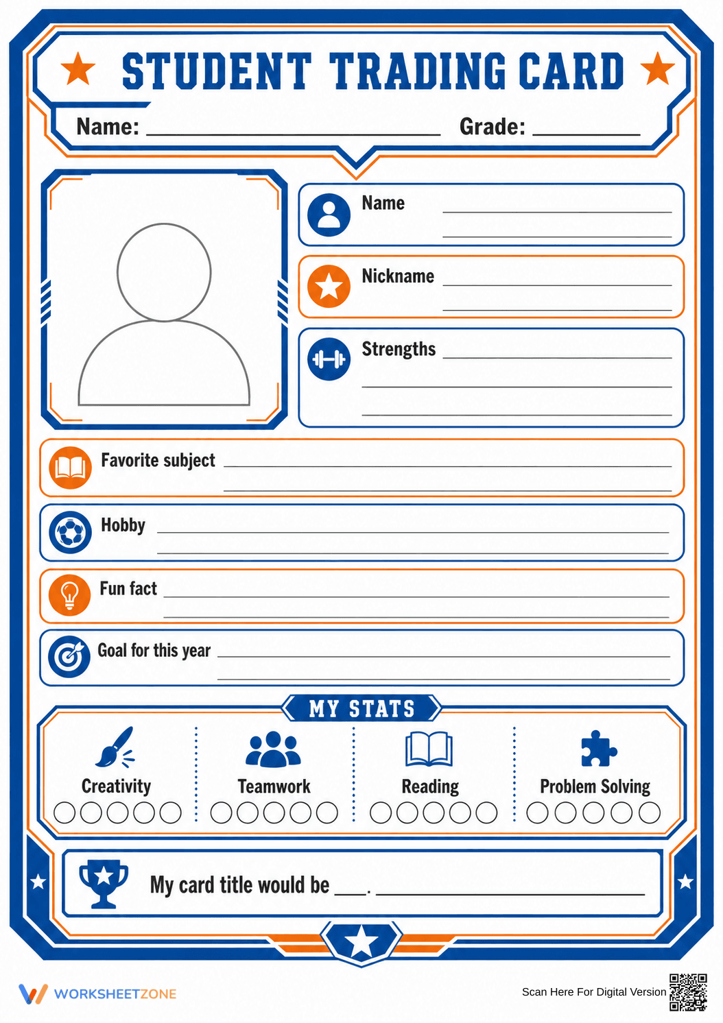 Grade 4 Student Trading Card — Printable No-Prep Worksheet - Page 1