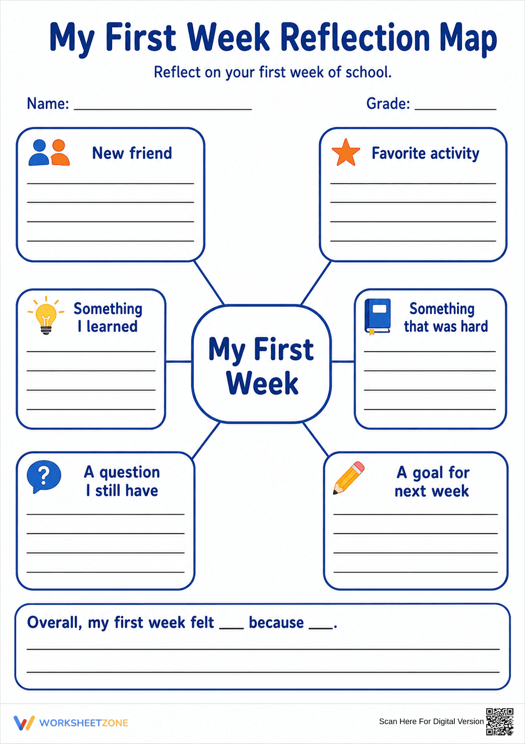 First Week Reflection Map | Grade 4 Printable Worksheet - Page 1