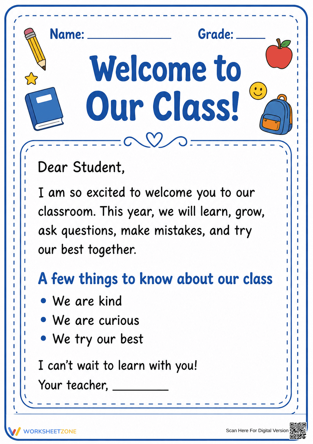 Printable Welcome Letter Worksheet | Grade 2 Ready - Page 1