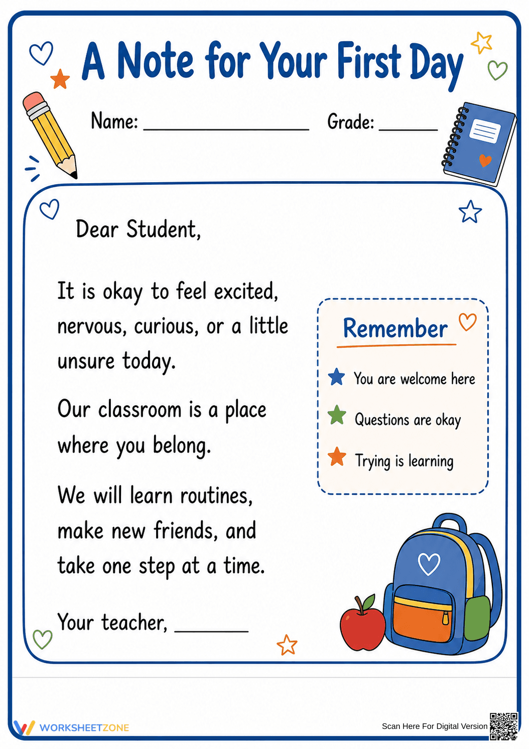 First Day Encouragement Letter | Grade K-5 Essential - Page 1
