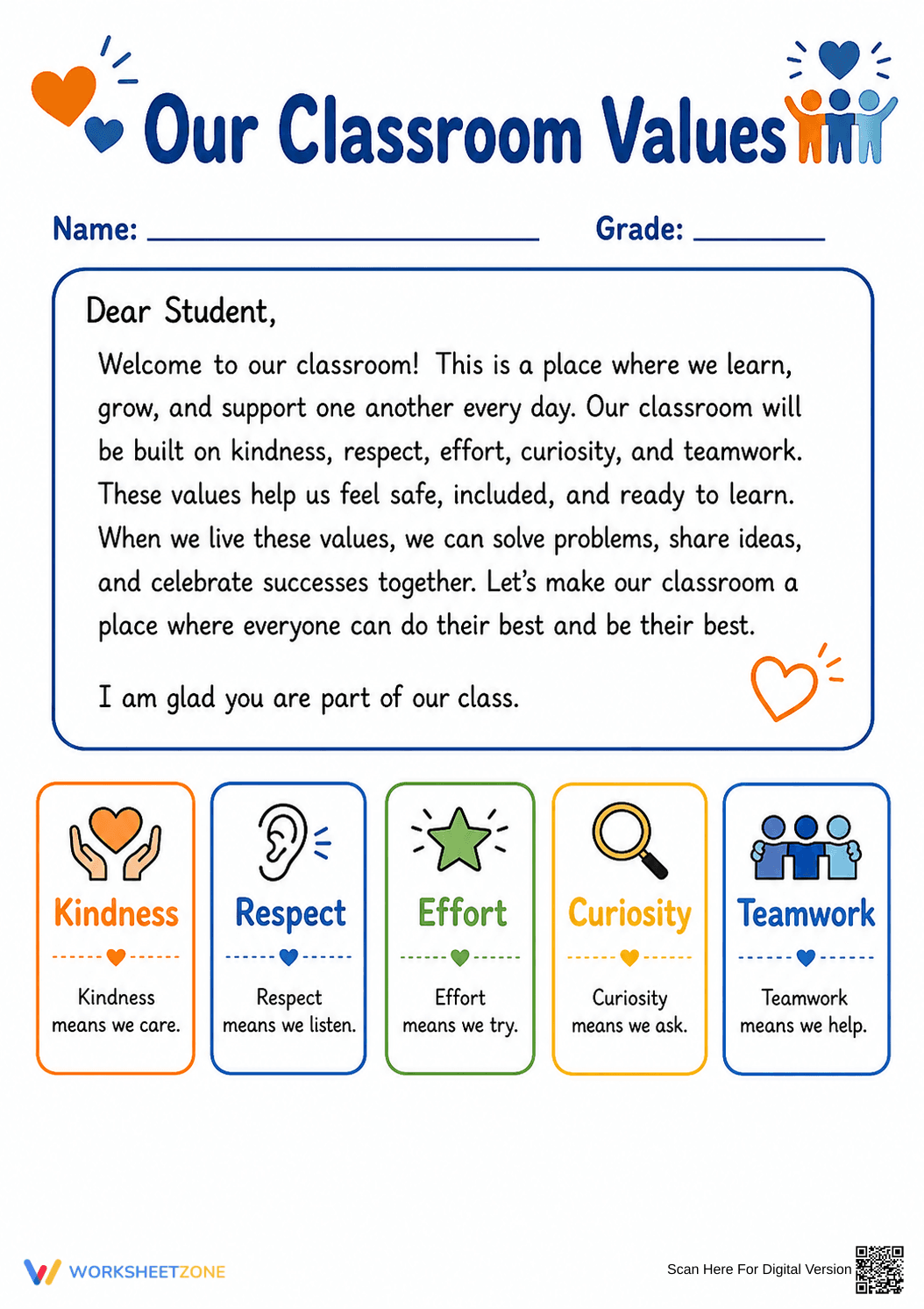 Printable Classroom Values Letter | Grade 3 - Page 1