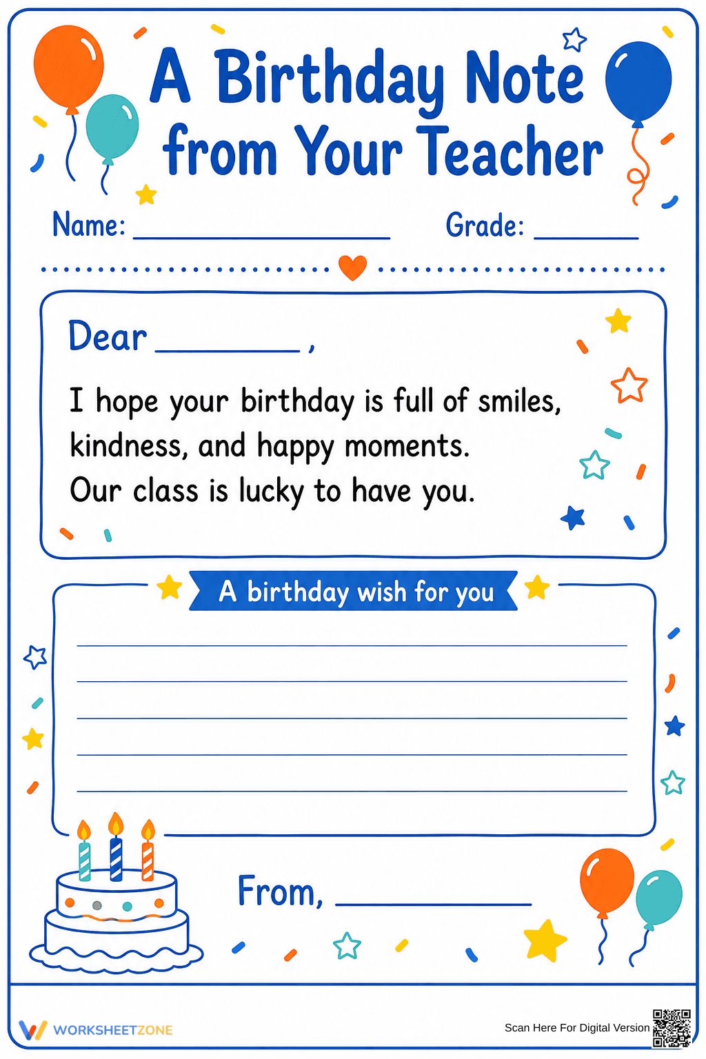 Printable Student Birthday Note | Grade 2 SEL - Page 1