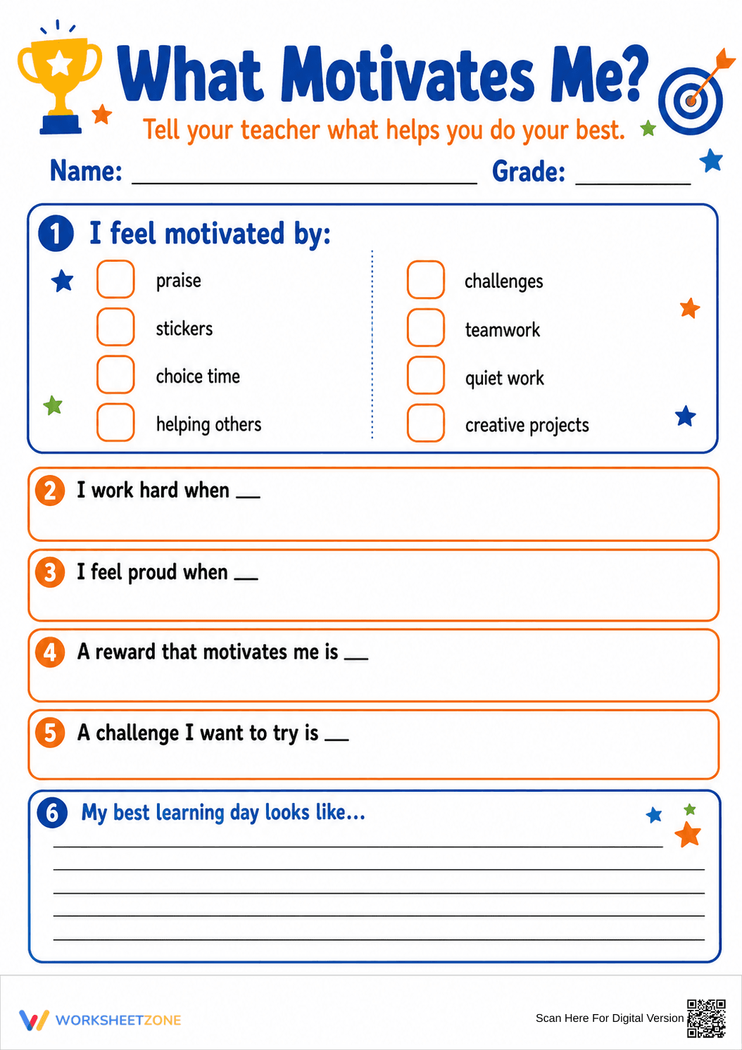 What Motivates Me? Student Survey | Grade 3-6 Essential - Page 1