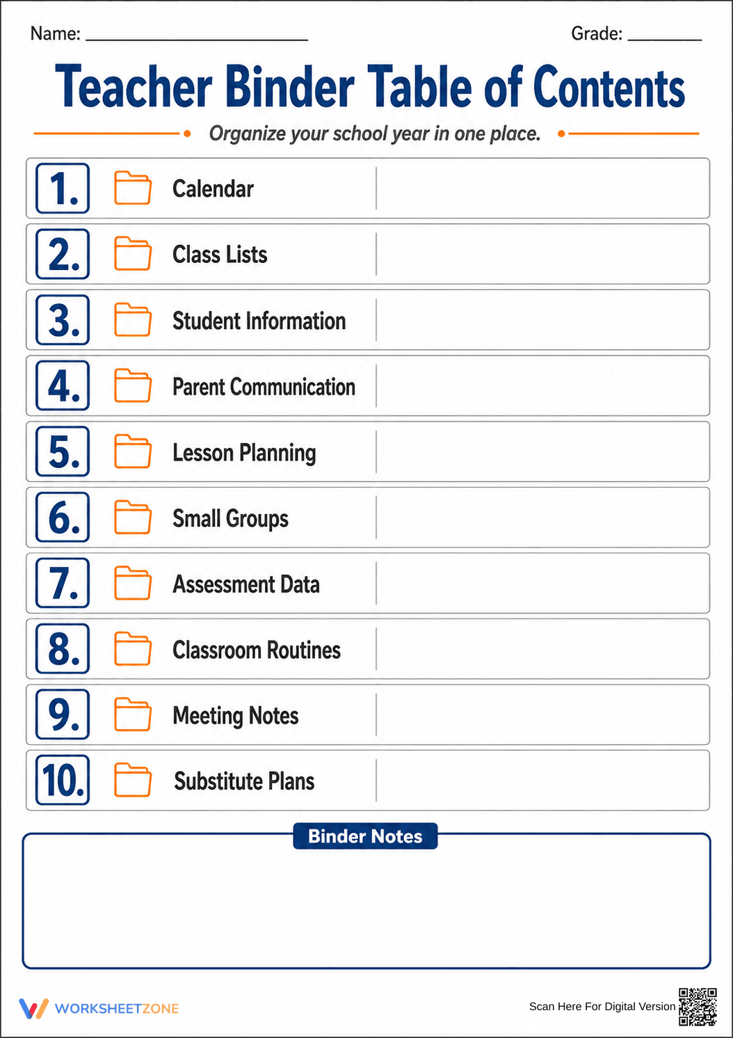 Printable Teacher Binder Table of Contents | K-12 - Page 1