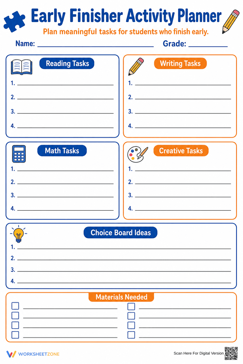 Printable Early Finisher Activity Planner | K-8 - Page 1