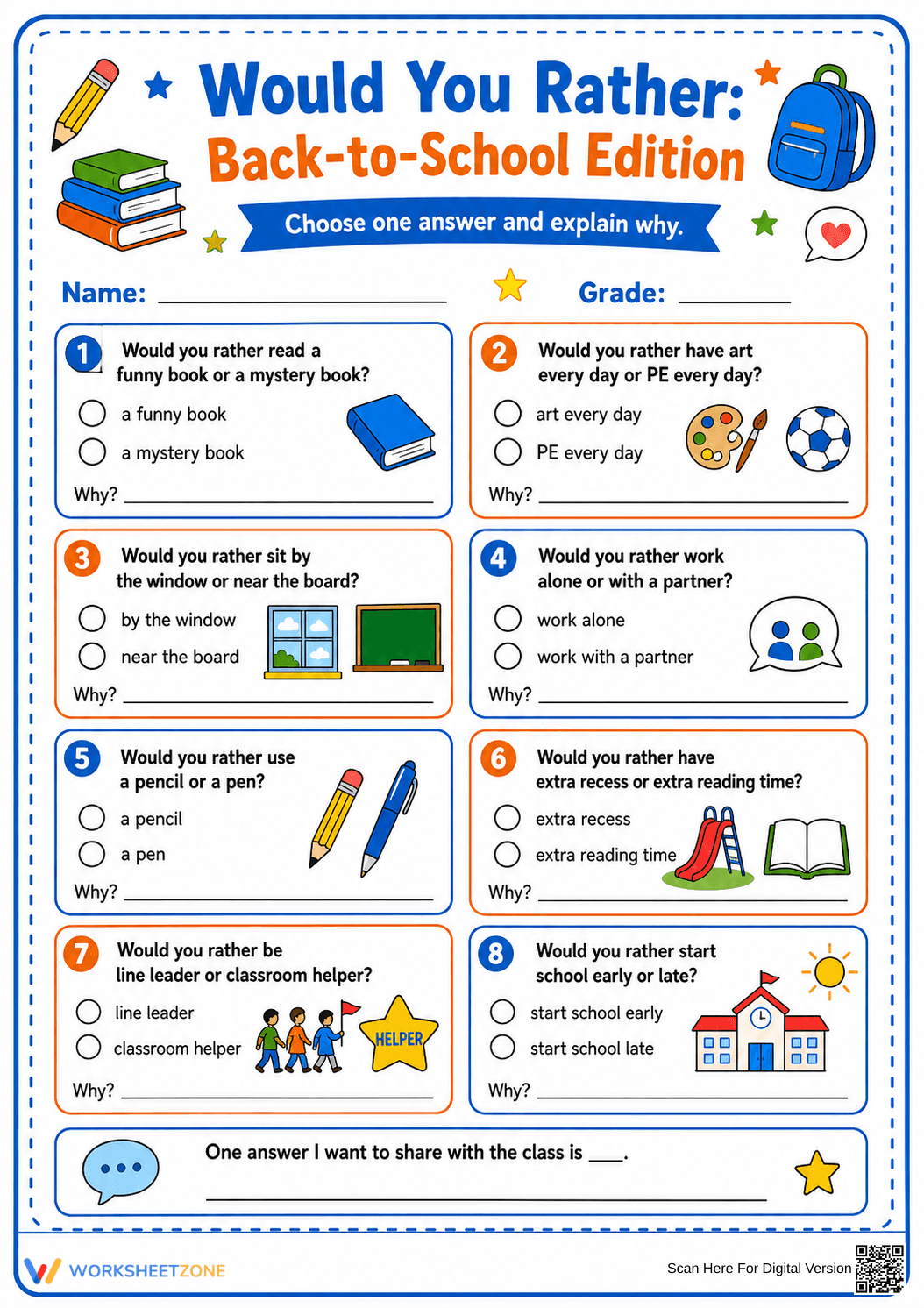 Grade 3 Would You Rather — Printable No-Prep Worksheet - Page 1