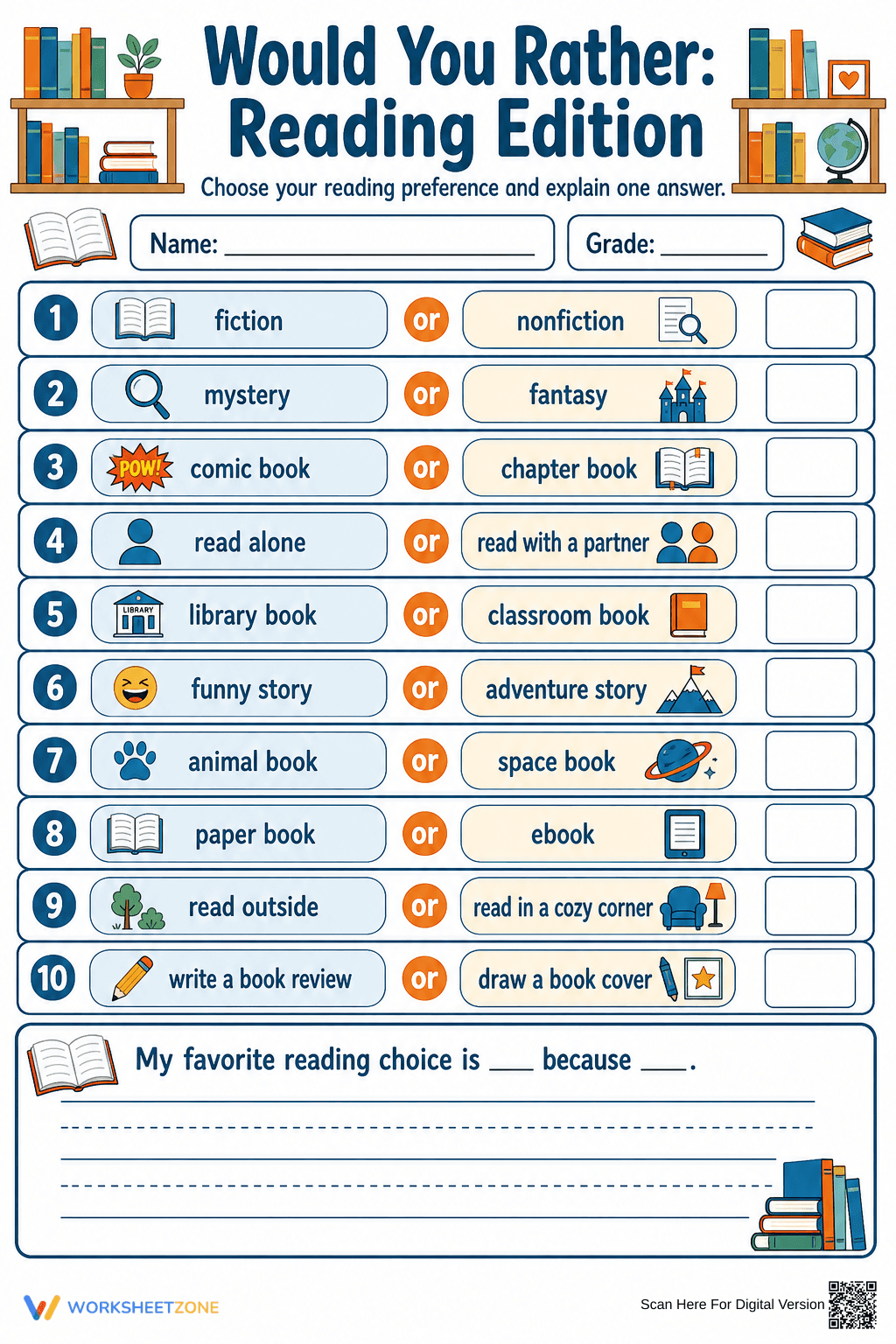 Grade 3 Reading Preferences — Printable No-Prep Worksheet - Page 1