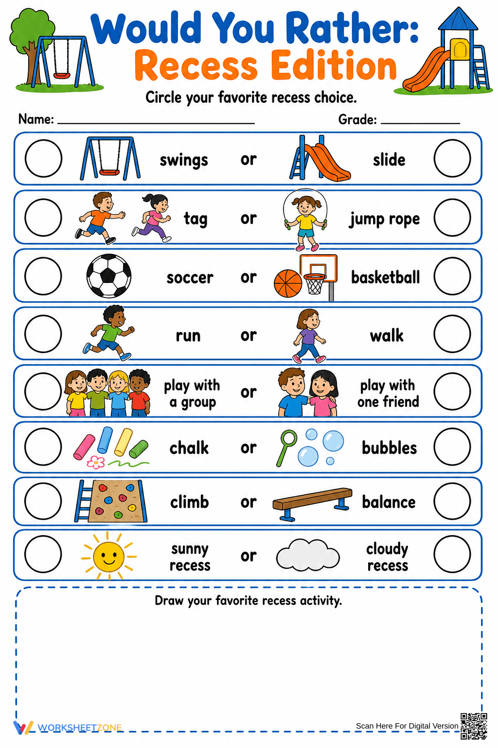 Recess Would You Rather — Printable Grade 1 Worksheet - Page 1