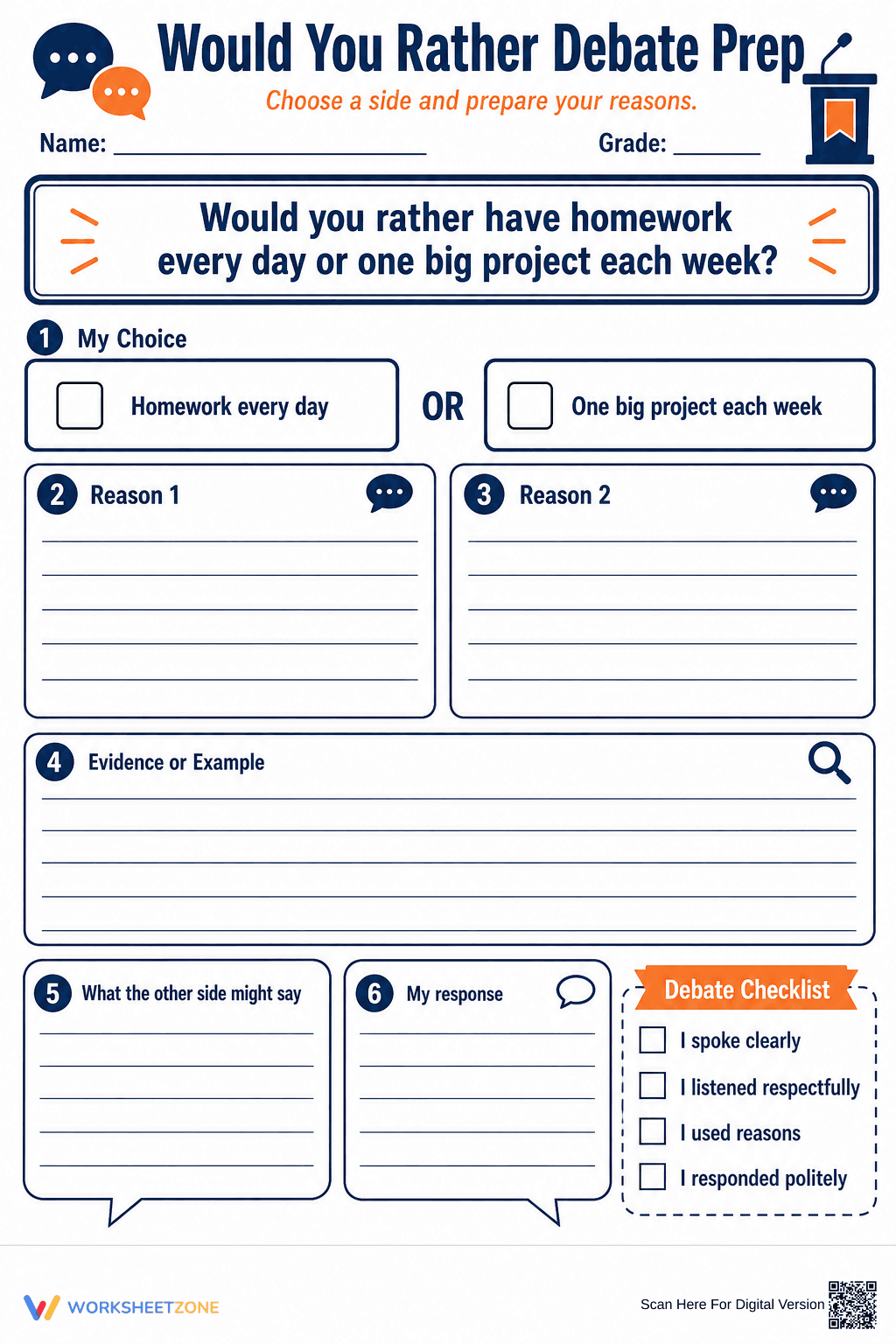 Grade 6 Debate Prep — Printable No-Prep Worksheet - Page 1