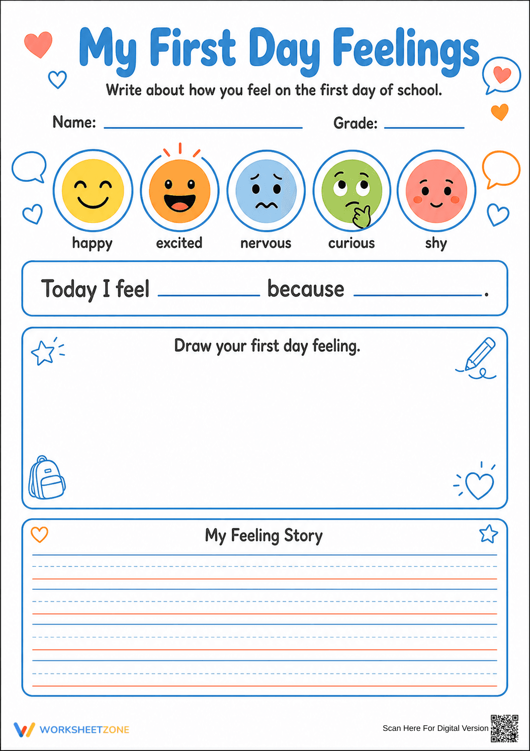 Printable First Day Feelings Worksheet | Grade 1 ELA - Page 1