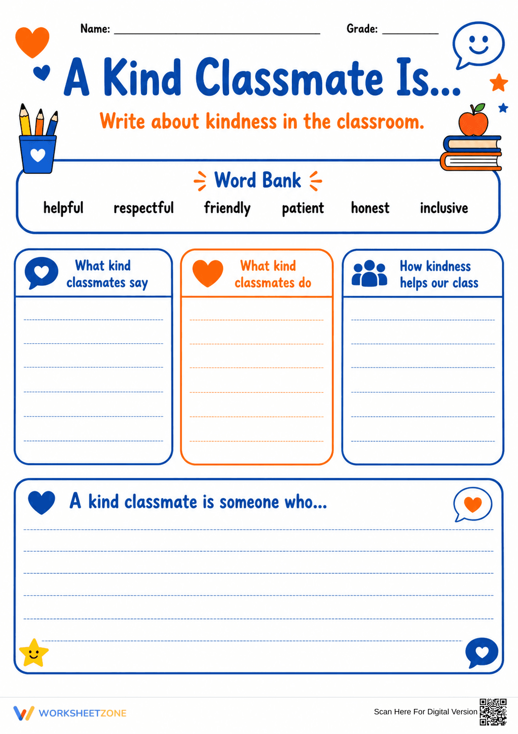 A Kind Classmate Is... Printable Writing Worksheet - Page 1