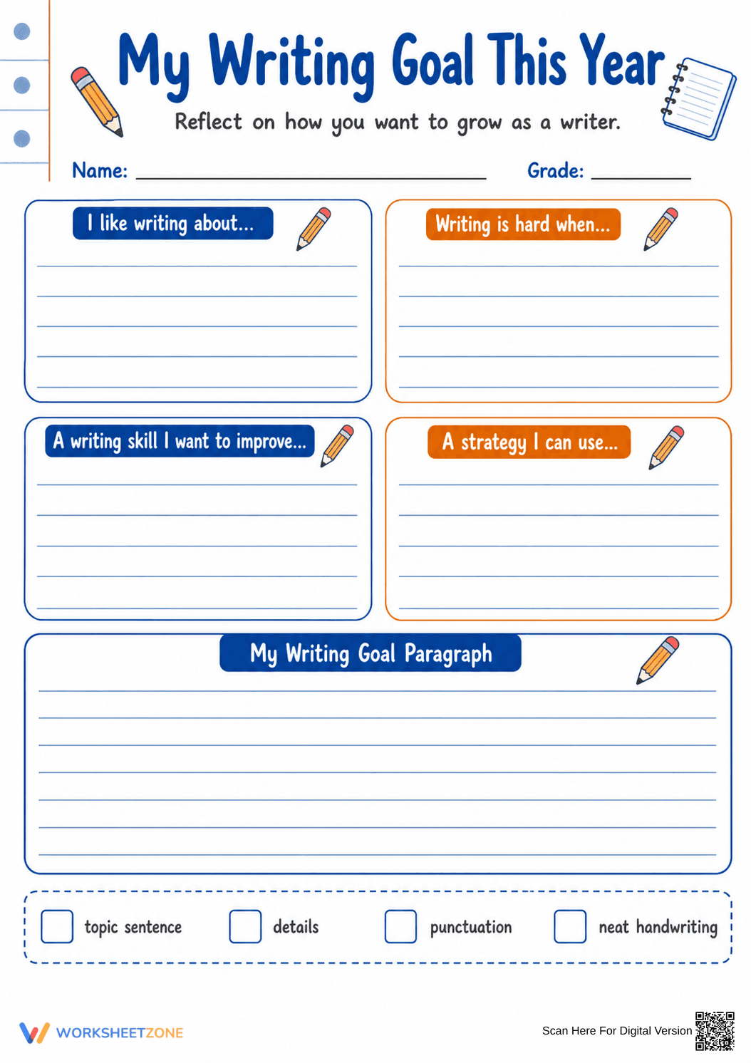 My Writing Goal Worksheet | Grade 4 Printable - Page 1