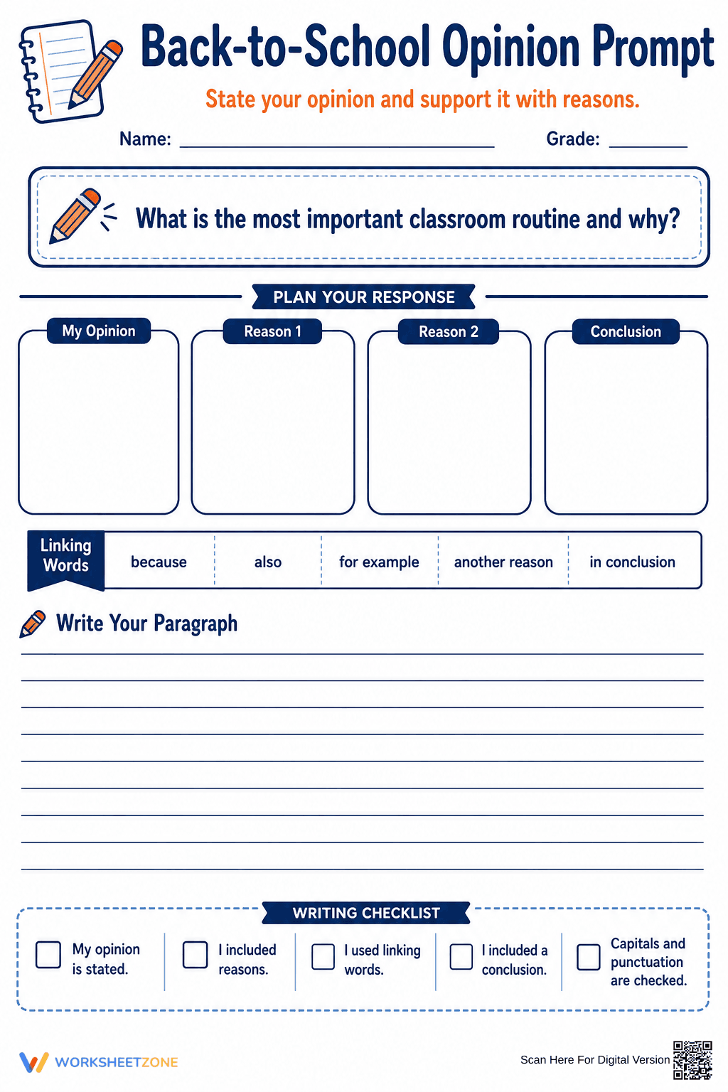 Printable Grade 4 Opinion Writing Prompt Worksheet - Page 1