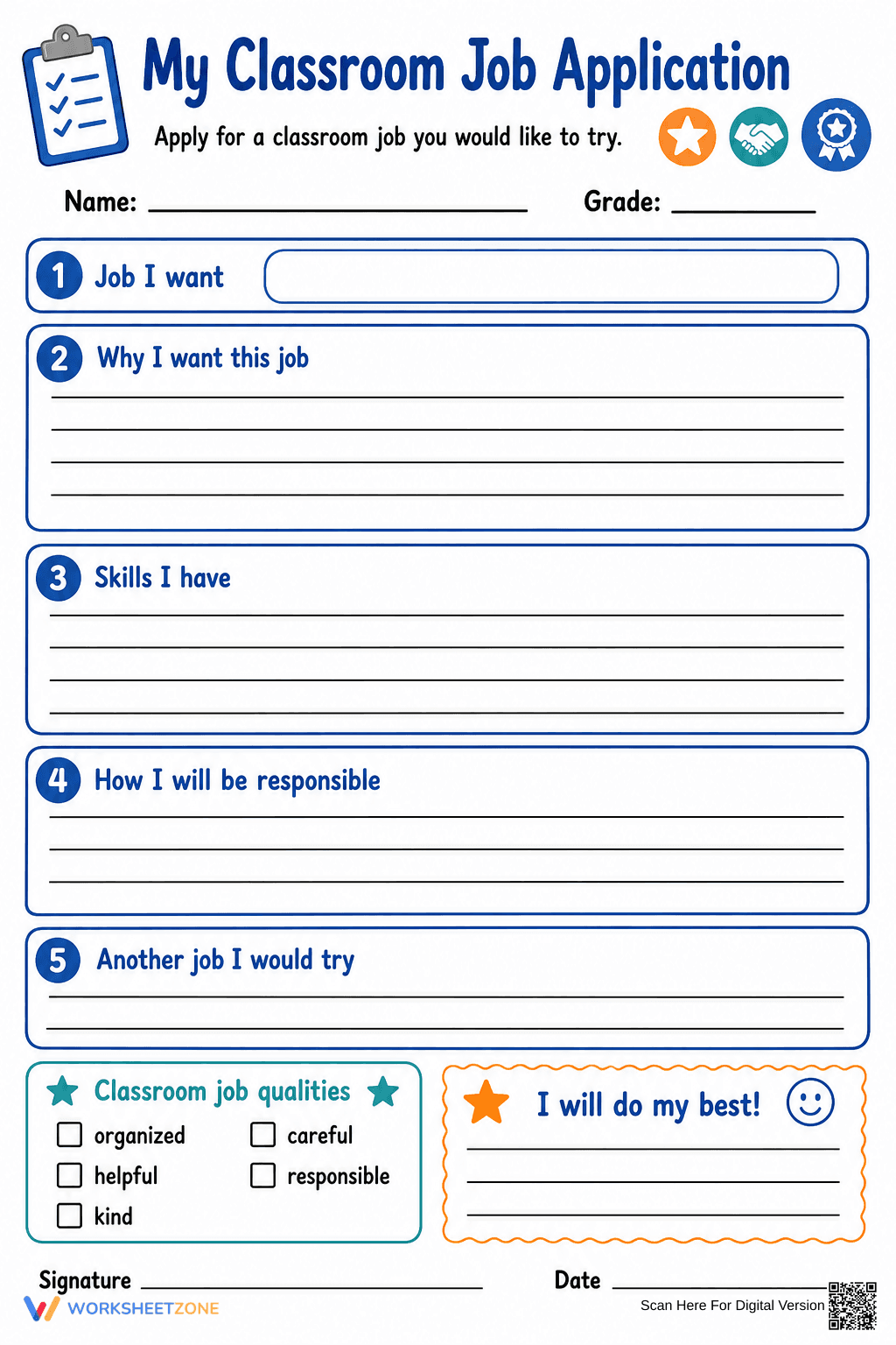 Printable Classroom Job Application | Grade 3 - Page 1