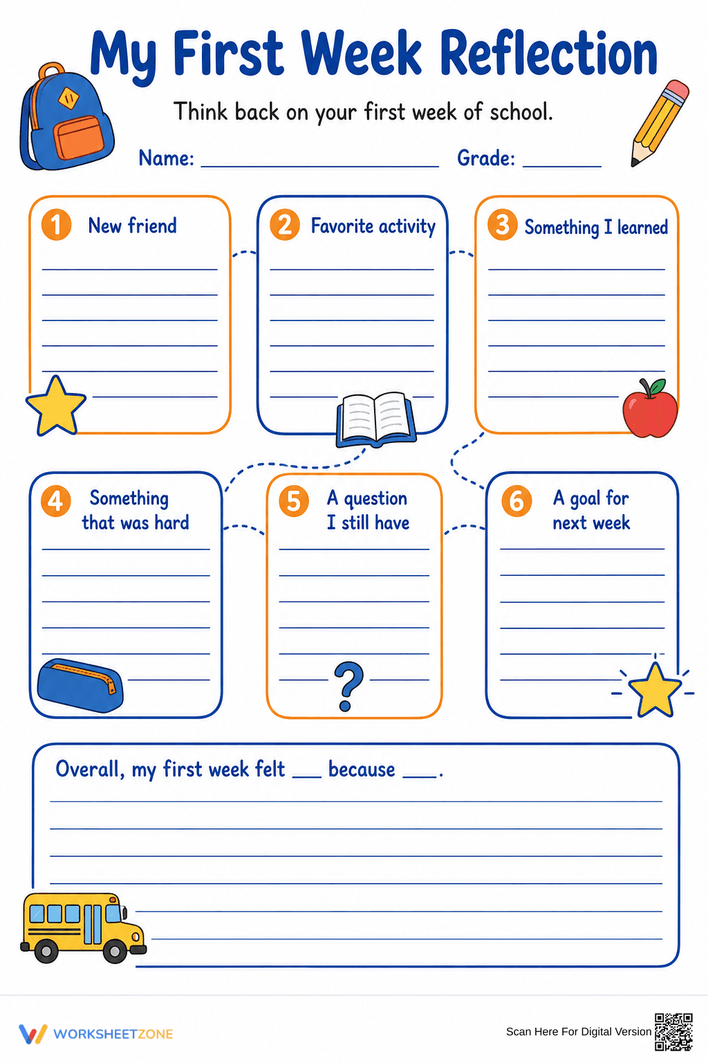 Grade 3 First Week Reflection — Printable No-Prep Worksheet - Page 1