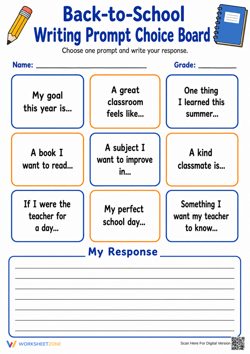 Back-to-School Writing Choice Board | Grade 4 Printable - Page 1