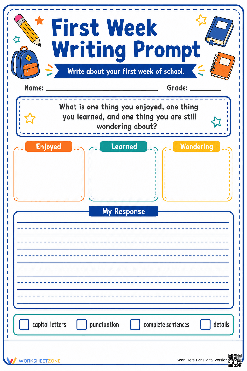 Grade 3 First Week Writing Prompt — Printable Worksheet - Page 1