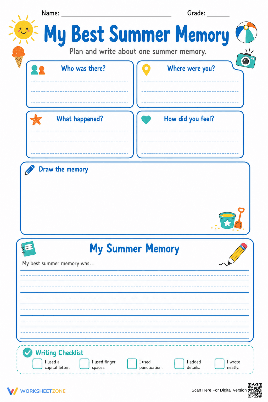 Grade 3 Summer Memory — Printable No-Prep Worksheet - Page 1