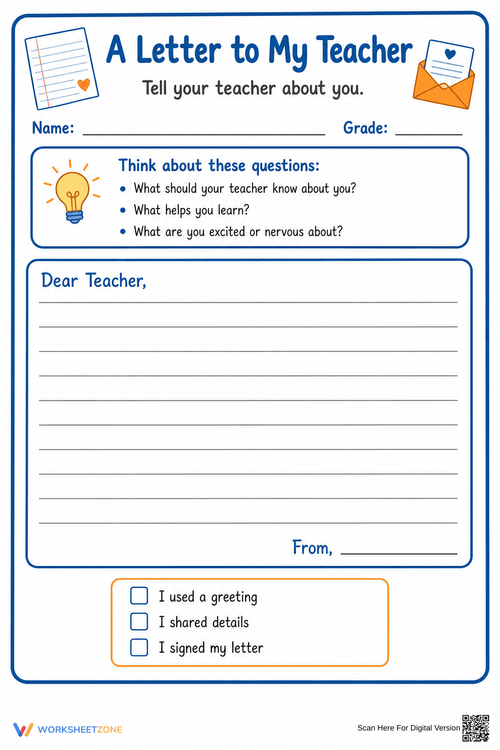 Essential Letter to My Teacher Worksheet | Grades 3-6 - Page 1