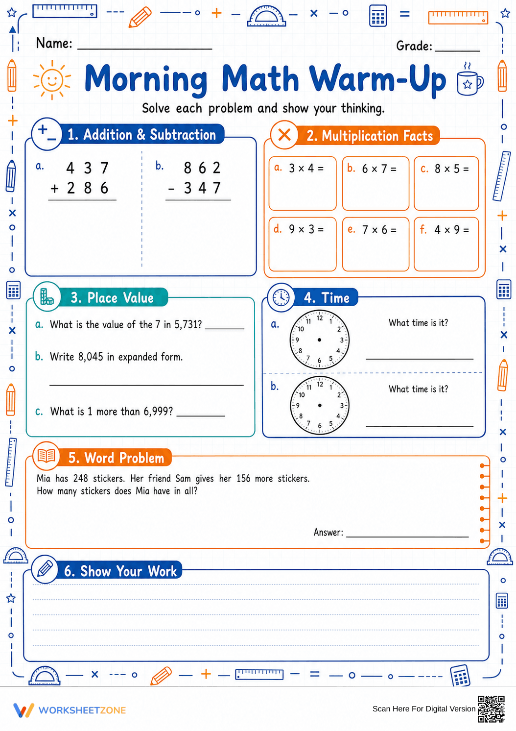 Grade 3 Morning Math Warm-Up — Printable No-Prep Worksheet - Page 1
