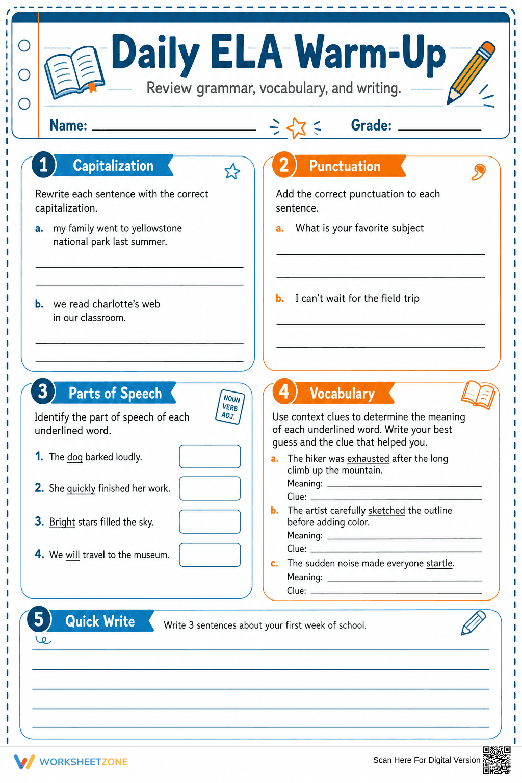 Daily ELA Warm-Up | Grade 4 Printable Worksheet - Page 1