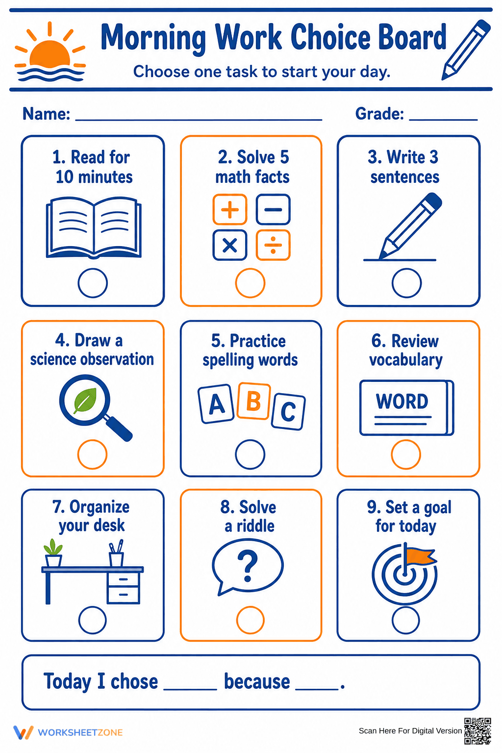 Morning Work Choice Board | Grade 3 Printable - Page 1