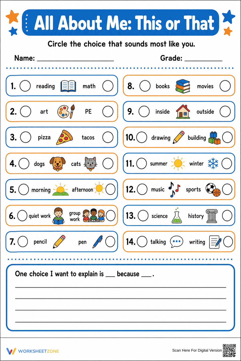All About Me This or That | Essential Grade 2-6 Worksheet - Page 1