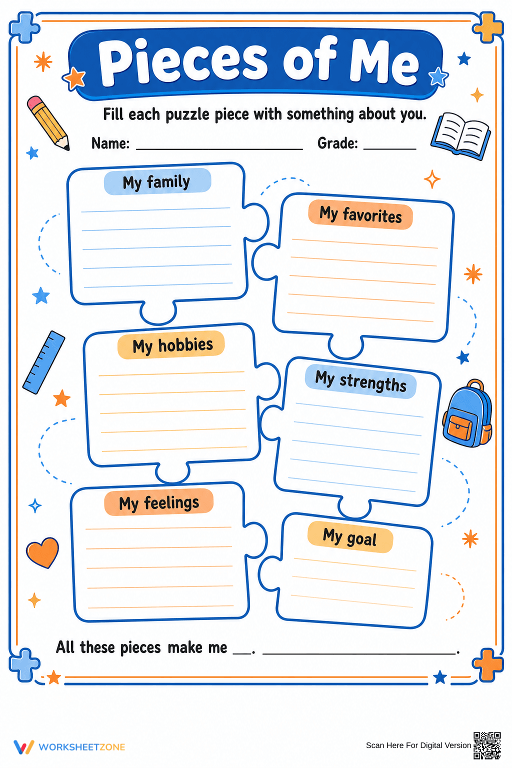 "Pieces of Me" Essential Self-Reflection Worksheet | Grade 3 - Page 1