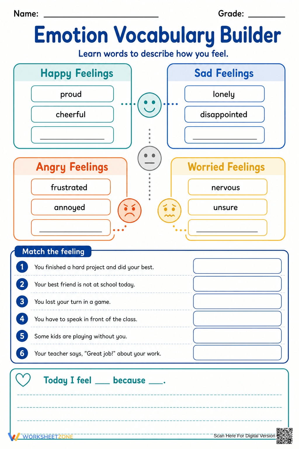 Printable Emotion Vocabulary Builder | Grades 2-5 SEL - Page 1