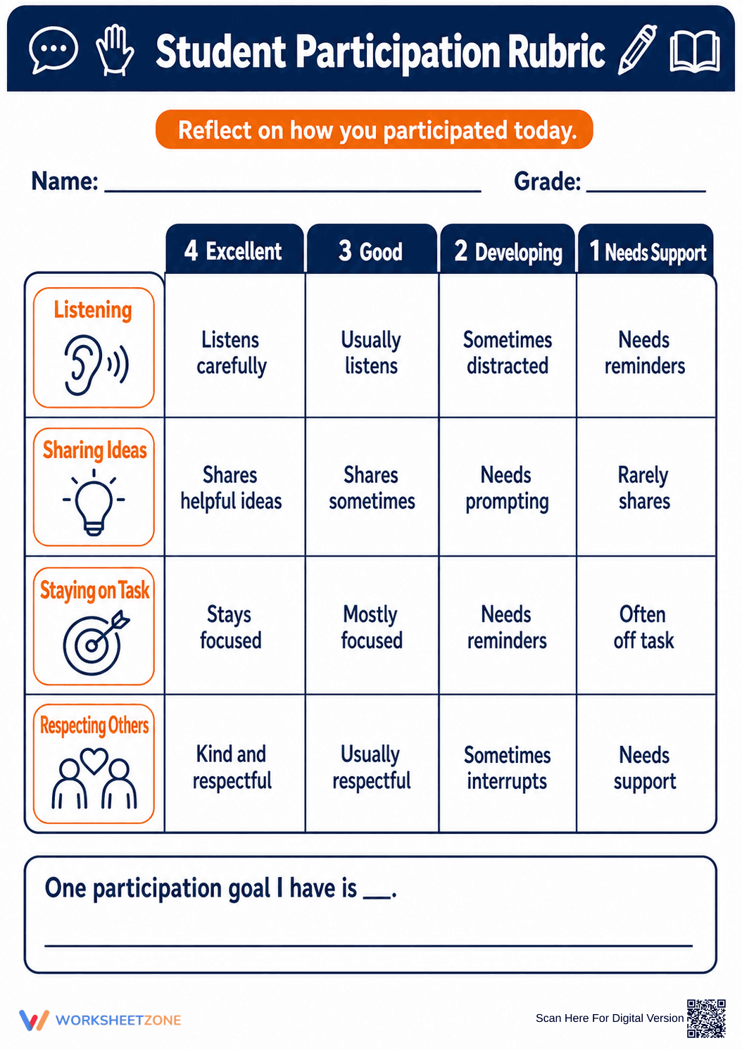 Aligned CCSS.ELA-LITERACY.SL.5.1 Participation Rubric - Page 1