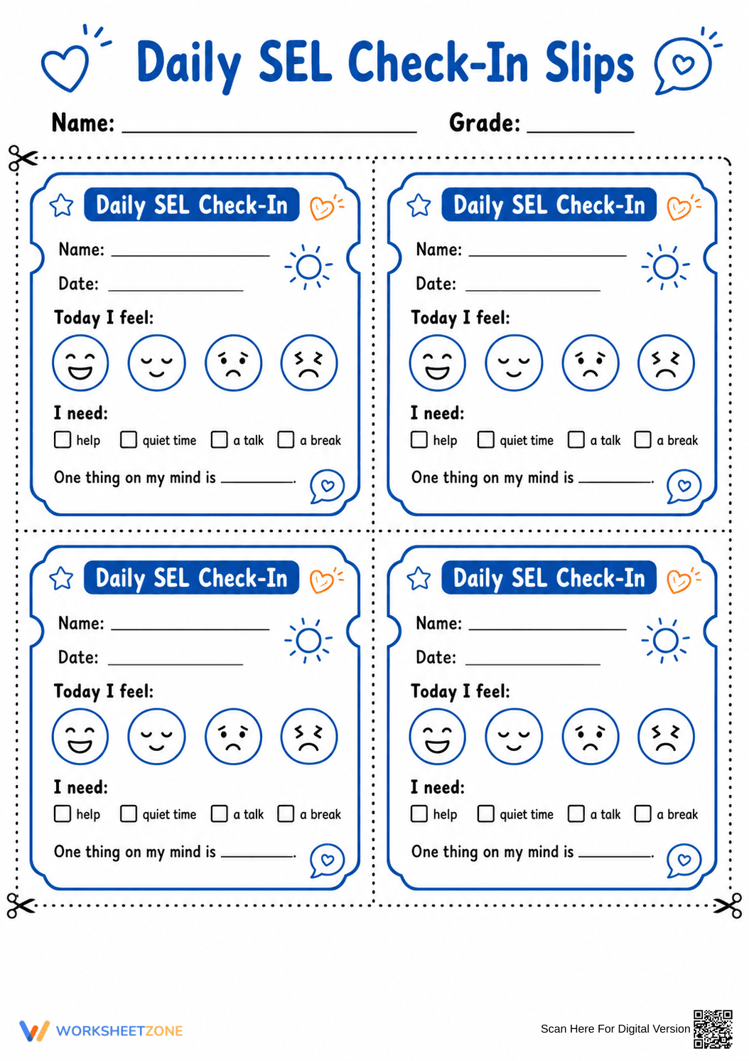 Daily SEL Check-In Slips | Essential Grade K-5 Printable - Page 1
