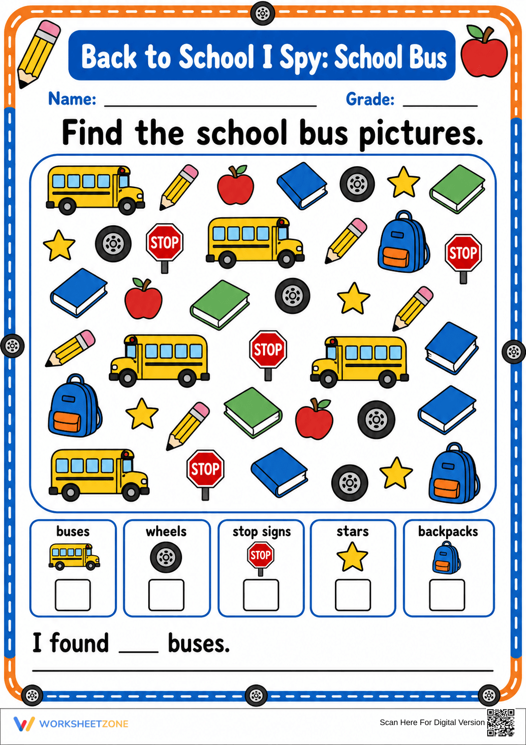 Printable Back to School I Spy: School Bus Counting - Page 1