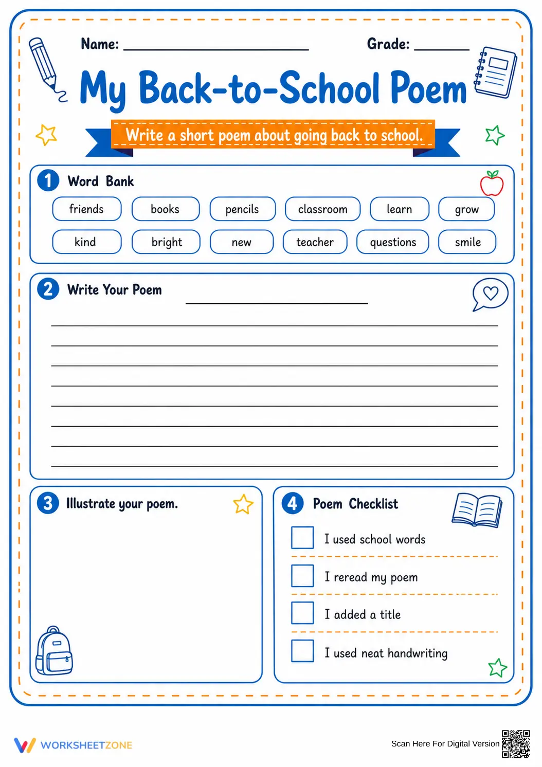 My Back-to-School Poem Worksheet | Grade 3 Printable - Page 1