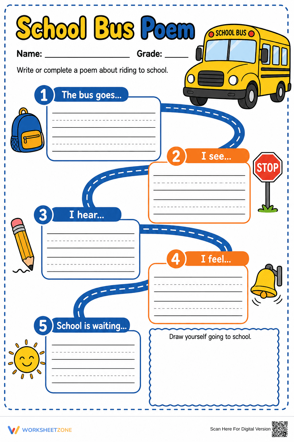 School Bus Poem Worksheet | Grade 1 Essential - Page 1