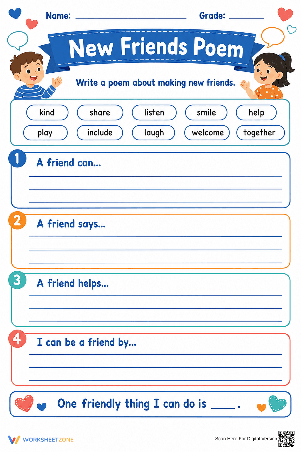 New Friends Poem Worksheet | Grade 2 Essential - Page 1