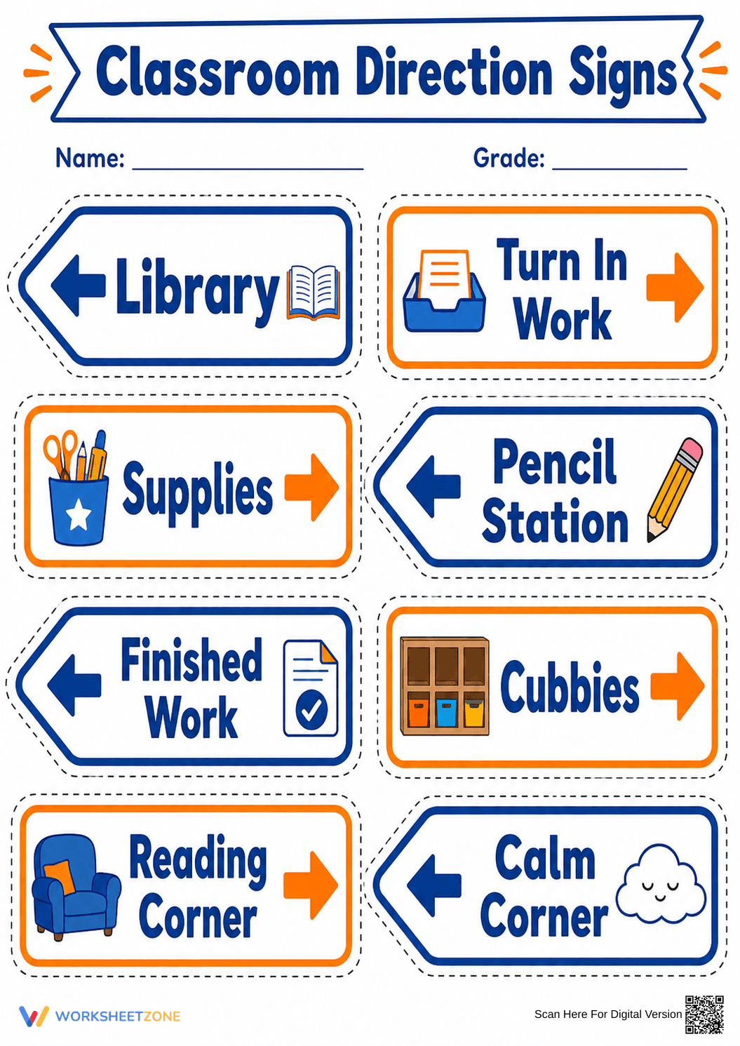 Grade K-5 Classroom Signs — Printable No-Prep Worksheet - Page 1