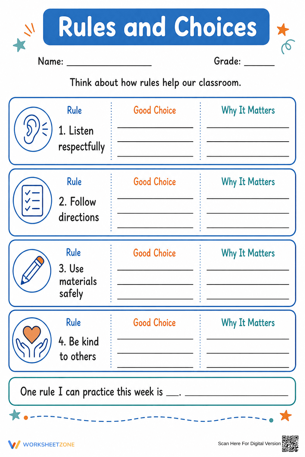 Rules and Choices Worksheet | Grade 2-5 Essential - Page 1