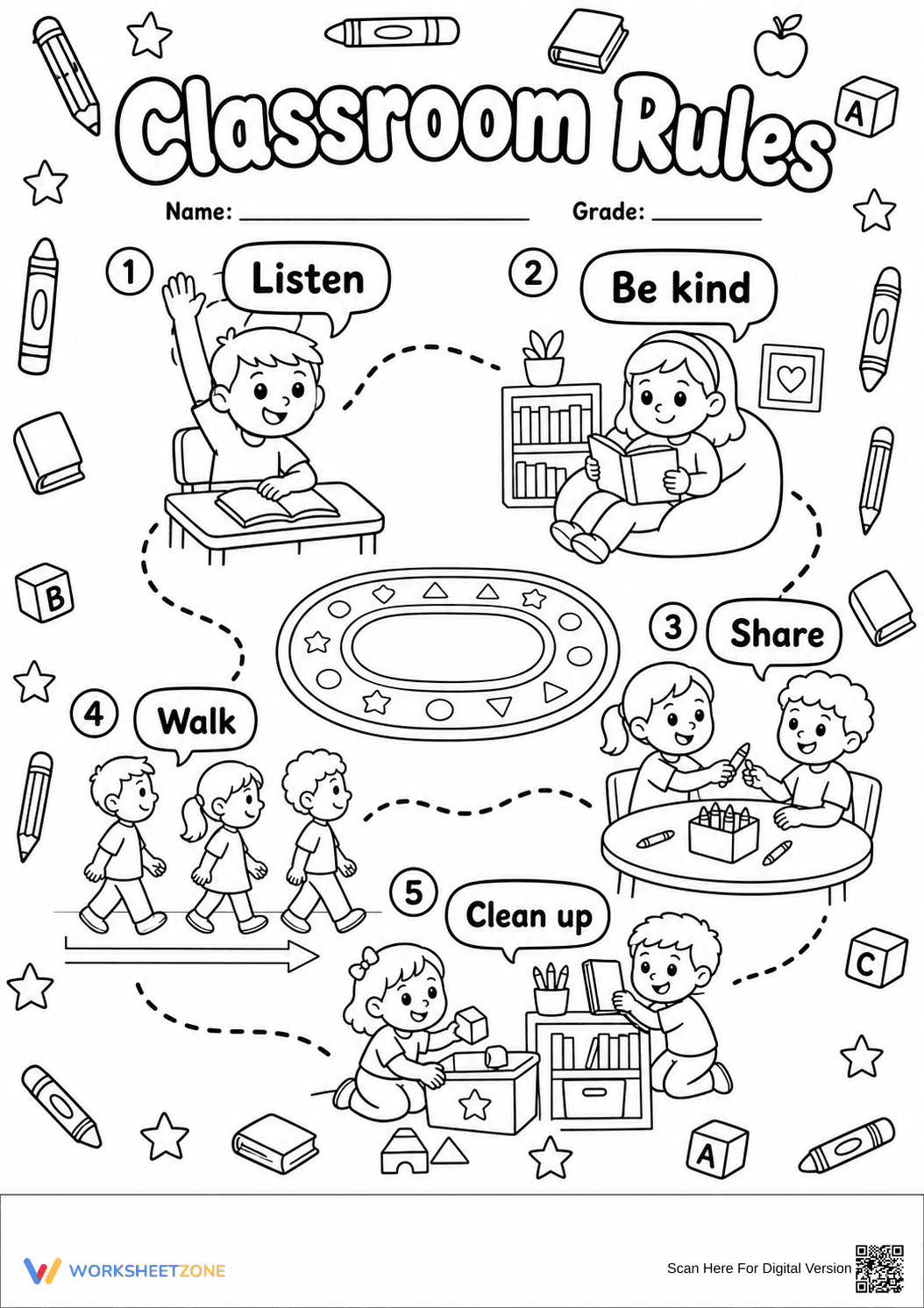 Essential Classroom Rules Coloring Page | Grade K-2 - Page 1
