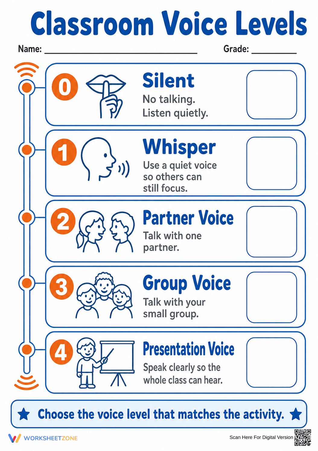 Essential Classroom Voice Levels Poster | Grade K-5 - Page 1