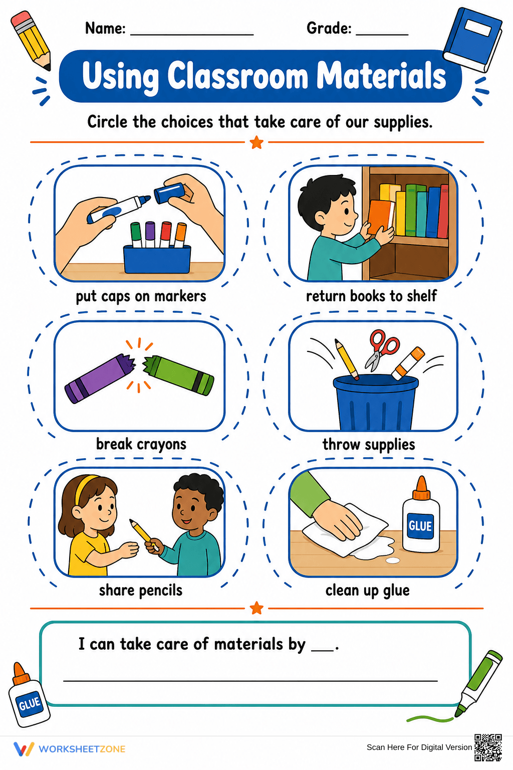 Essential Classroom Materials Worksheet | Grades K-3 - Page 1