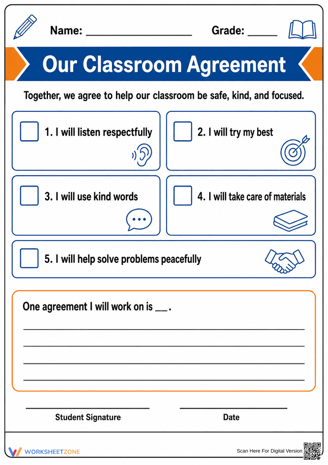 Classroom Agreement Worksheet | Grade 3-6 Essential - Page 1