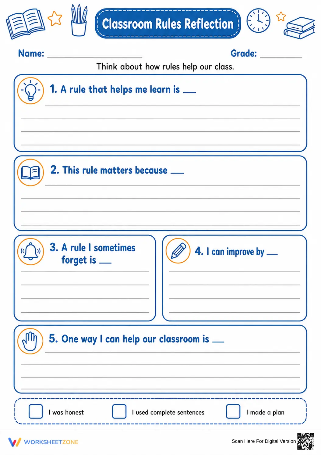 Classroom Rules Reflection | Essential Grade 4 Worksheet - Page 1