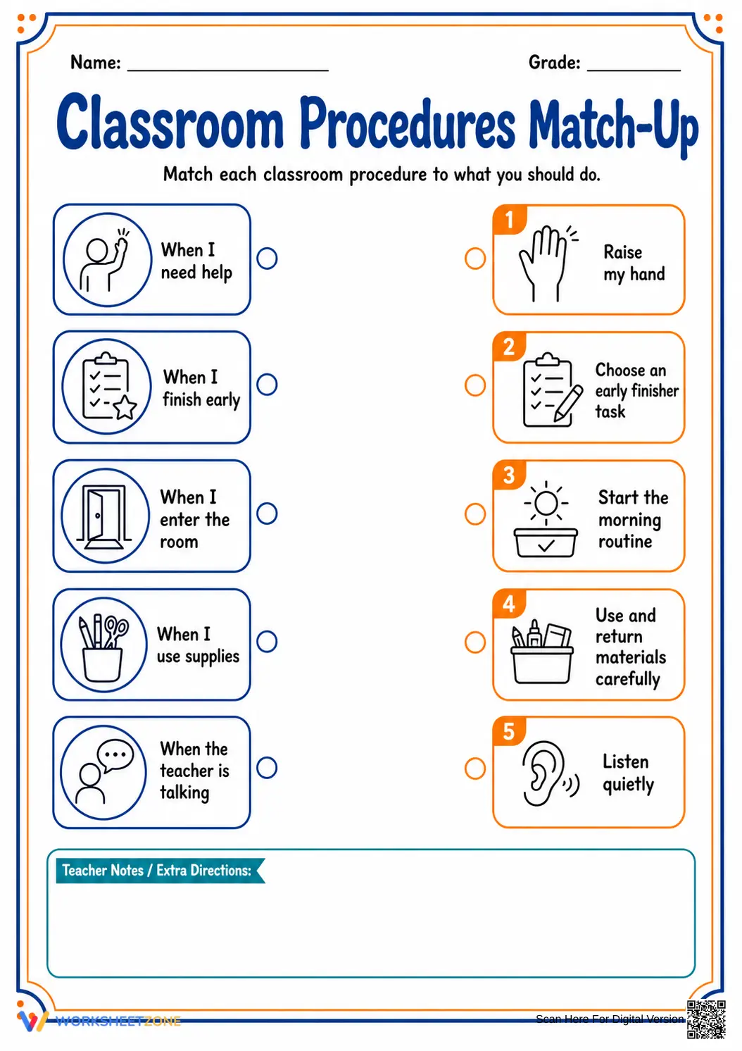 Classroom Procedures Match-Up | Essential Grade 1-4 Sheet - Page 1