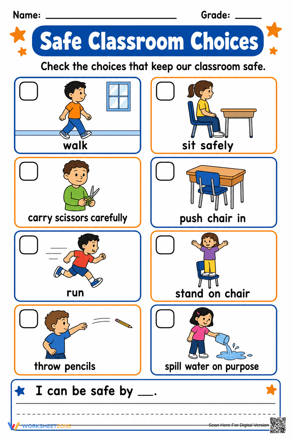 Essential Safe Classroom Choices Worksheet | Grade 1 - Page 1