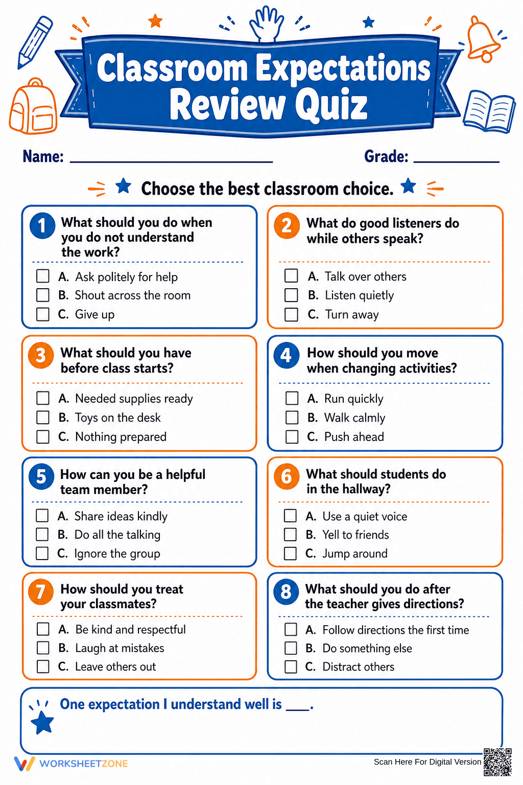 Classroom Expectations Quiz | Grade 3 Printable - Page 1
