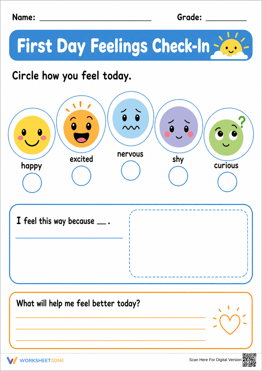 First Day Feelings Check-In | Essential SEL Worksheet - Page 1