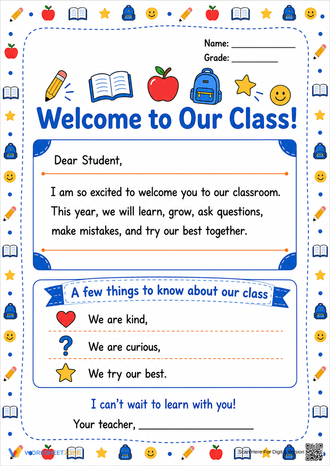Grade 1 Welcome Letter — Printable No-Prep Worksheet - Page 1