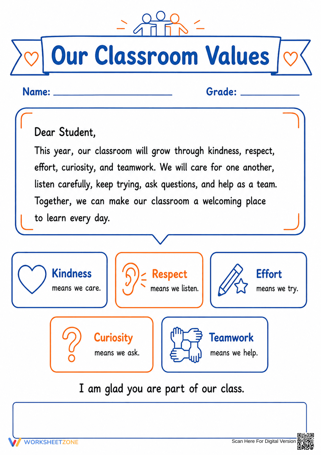 Classroom Values Letter | Grade 3 Printable Worksheet - Page 1