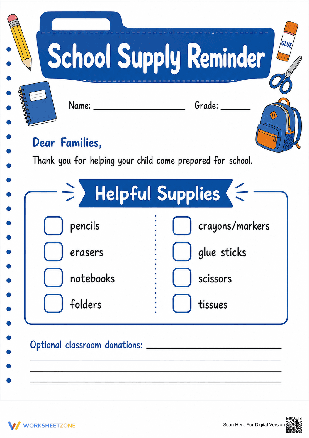 Essential School Supply Reminder Letter | Grade K-5 - Page 1